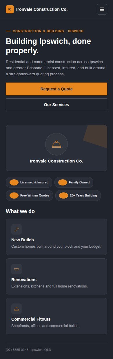 Ironvale Construction Co. mobile website after the Brooks Media redesign, concept project