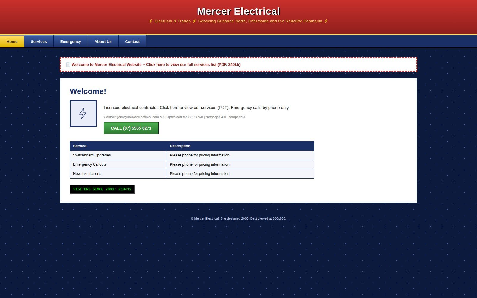 Mercer Electrical original website before the redesign, concept project